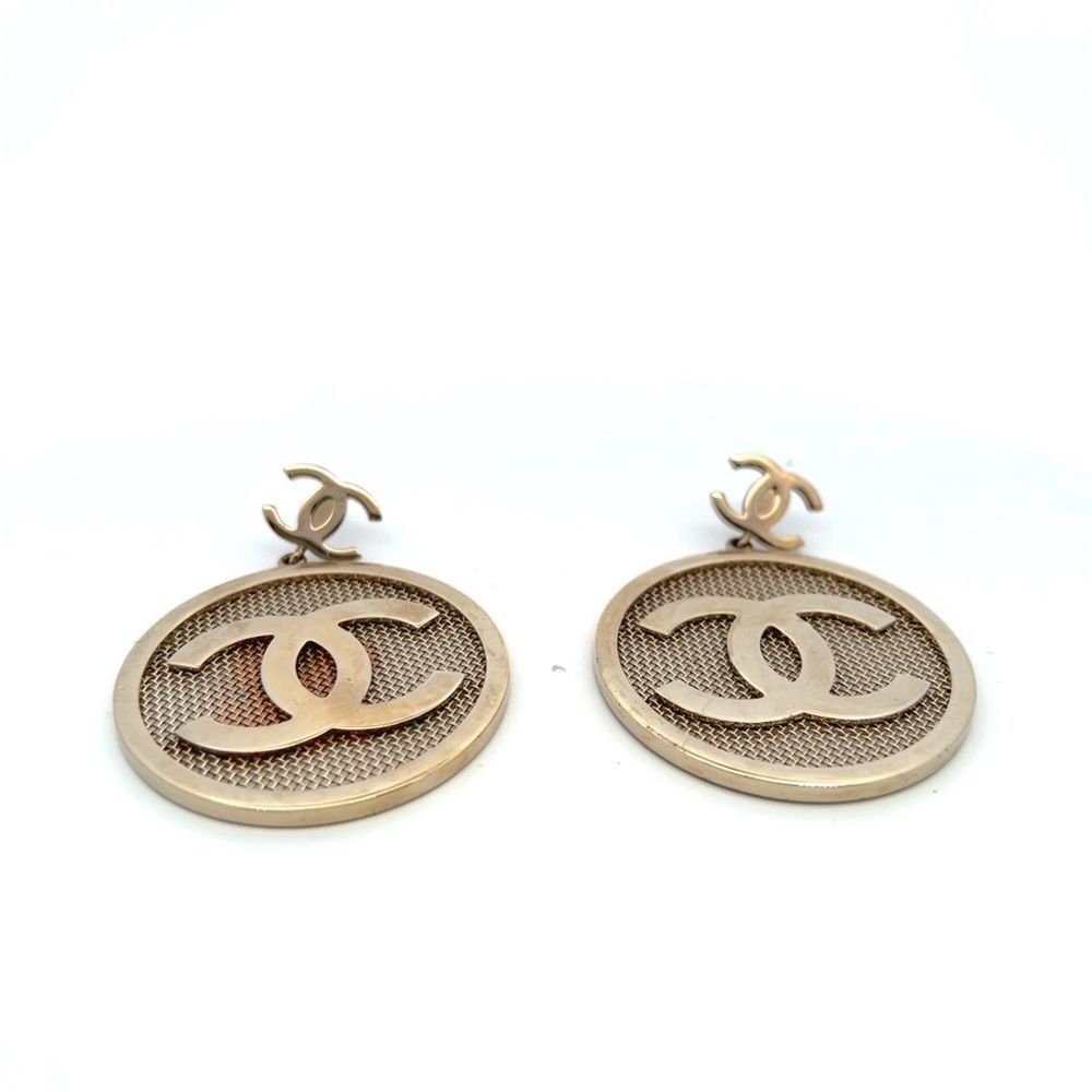 Chanel Coco Mark Mesh Round Earrings Gold Color